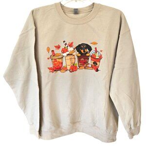 Dachshund & Coffee Sweatshirt Unisex Large Cotton Blend Autumn Leaves Weiner Dog